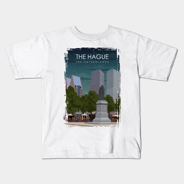 The Hague The Netherlands Vintage Minimal City Travel Poster at Night Kids T-Shirt by jornvanhezik